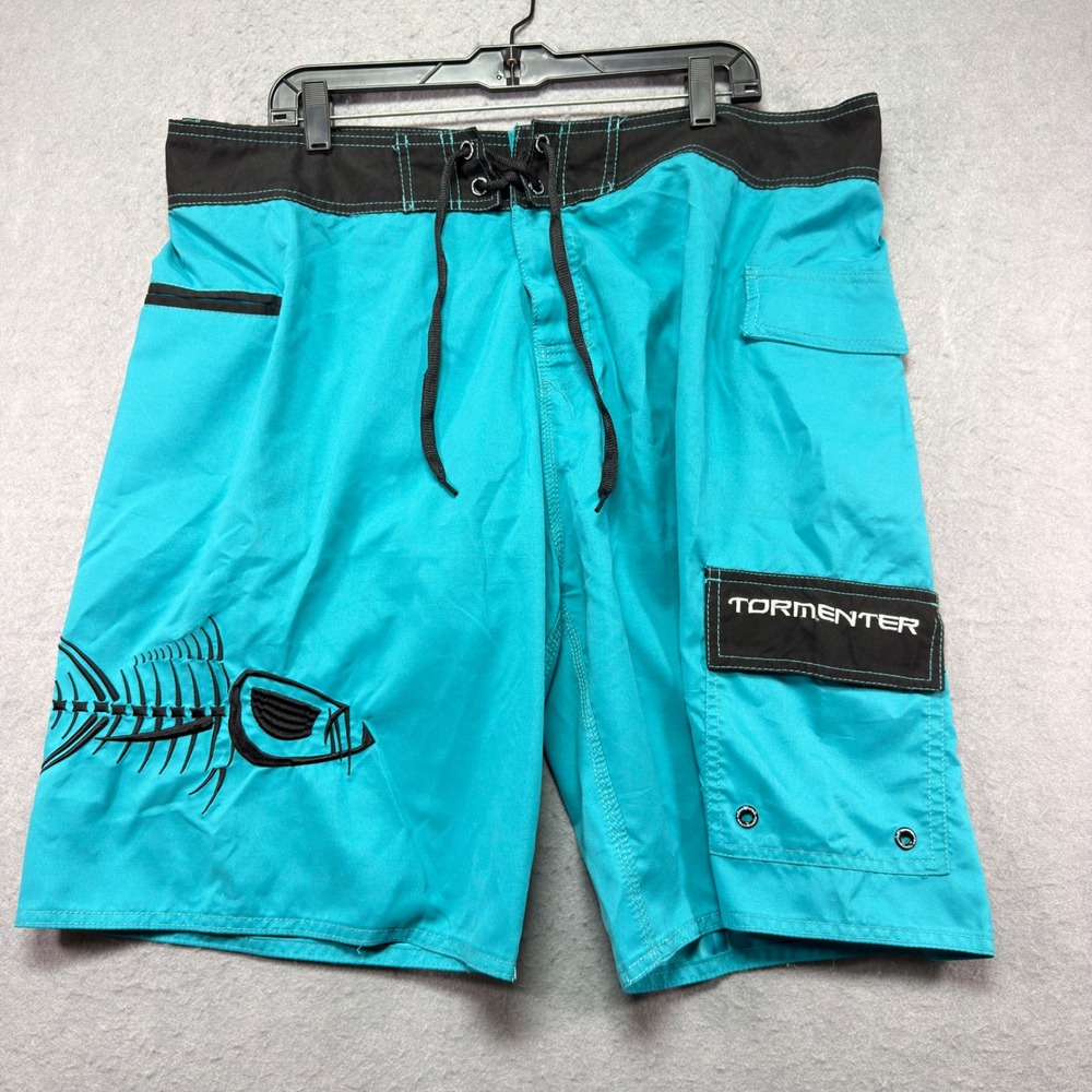 Tormenter Mens Turquoise Black Fish Skeleton Board Shorts Size 40 Fishing Surf